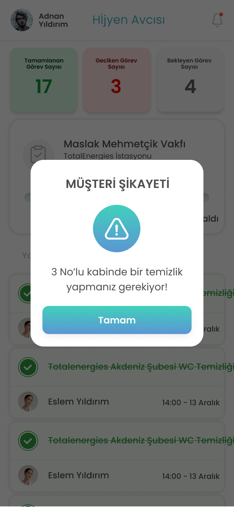 Kirli Tuvalet Bildirimi ekranı
